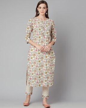 floral print round-neck straight kurta set