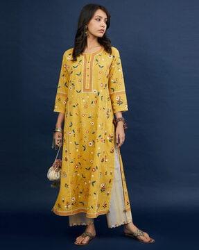 floral print round-neck straight kurta