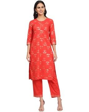 floral print round-neck straight kurta