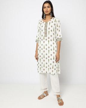 floral print round-neck straight kurta