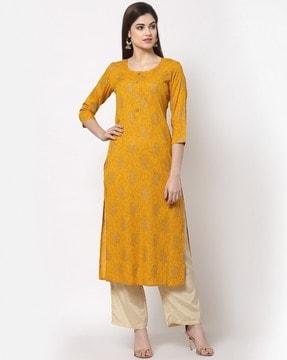 floral print round-neck straight kurta