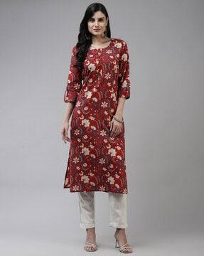 floral print round-neck straight kurta