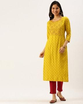 floral print round-neck straight kurta