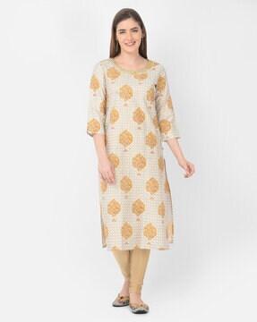 floral print round-neck straight kurta