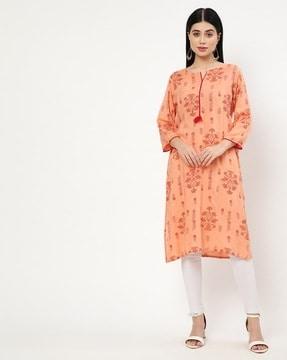 floral print round-neck straight kurta