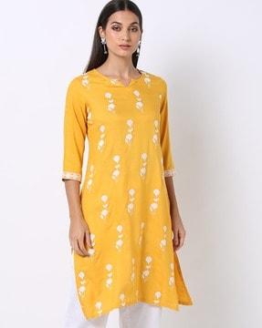 floral print round-neck straight kurta