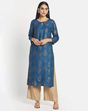 floral print round-neck straight kurta