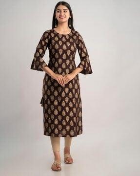 floral print round-neck straight kurta