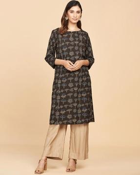 floral print round-neck straight kurta