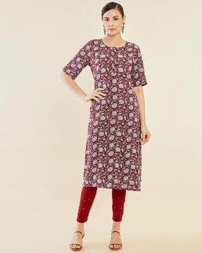 floral print round-neck straight kurta