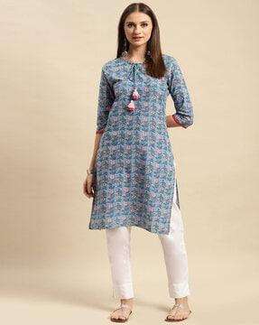 floral print round-neck straight kurta