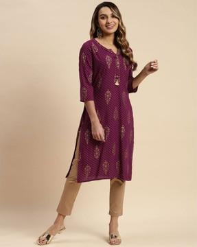 floral print round-neck straight kurta