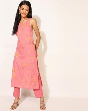 floral print round-neck straight kurta