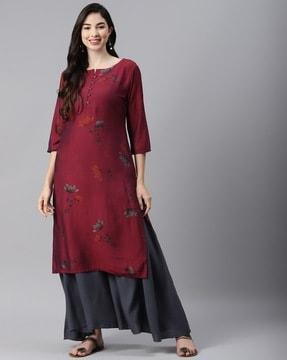 floral print round-neck straight kurta