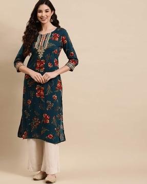 floral print round-neck straight kurta