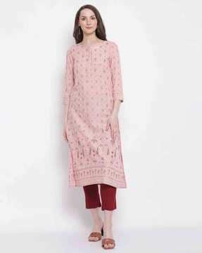 floral print round-neck straight kurta