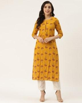 floral print round-neck straight kurta