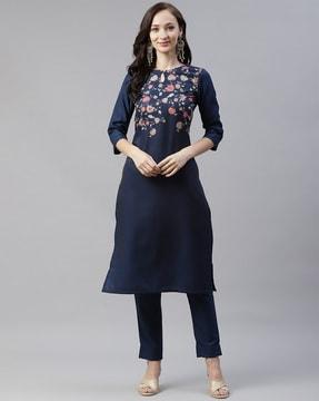 floral print round-neck straight kurta