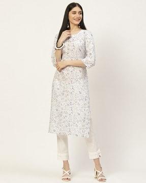 floral print round-neck straight kurta