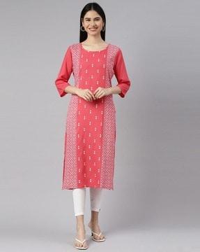 floral print round-neck straight kurta