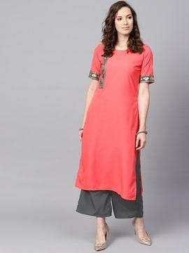 floral print round-neck straight kurta