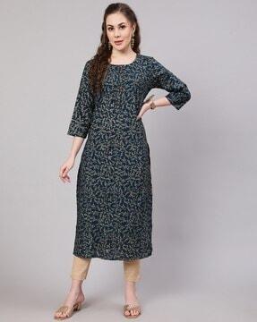 floral print round-neck straight kurta