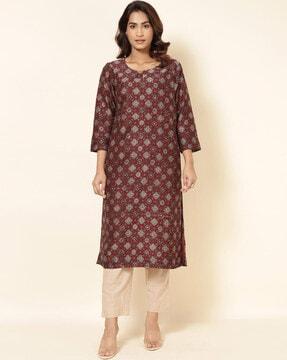 floral print round-neck straight kurta