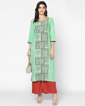 floral print round-neck straight kurta