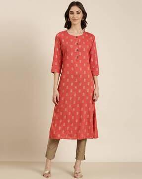 floral print round-neck straight kurta