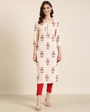 floral print round-neck straight kurta