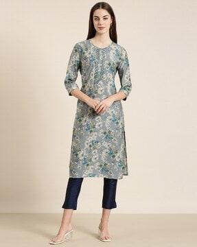 floral print round-neck straight kurta