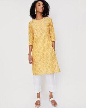 floral print round-neck straight kurta