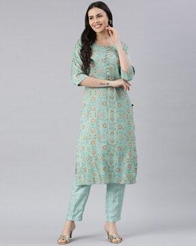 floral print round-neck straight kurta