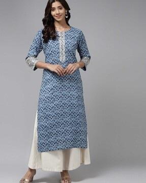 floral print round-neck straight kurta