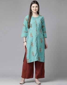 floral print round-neck straight kurta