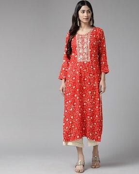 floral print round-neck straight kurta