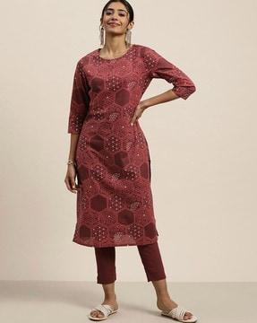 floral print round-neck straight kurta