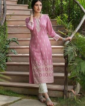 floral print round-neck straight kurta