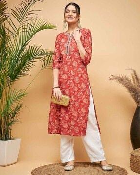 floral print round-neck straight kurta