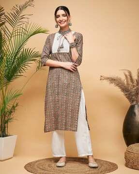 floral print round-neck straight kurta