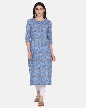 floral print round-neck straight kurta