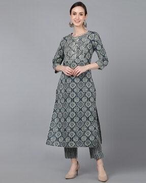 floral print round-neck straight kurta