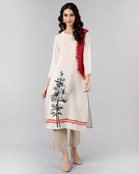 floral print round-neck straight kurta