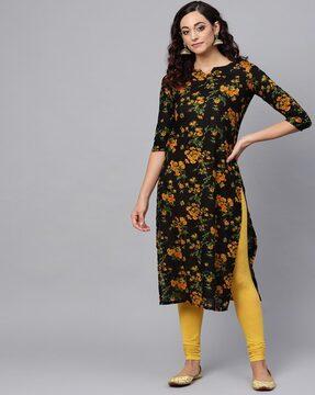 floral print round-neck straight kurta