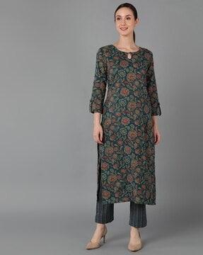 floral print round-neck straight kurta