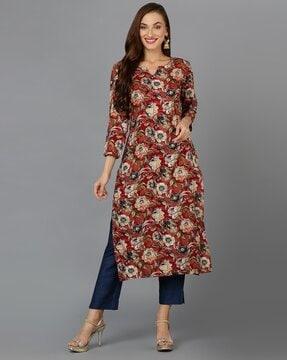 floral print round-neck straight kurta