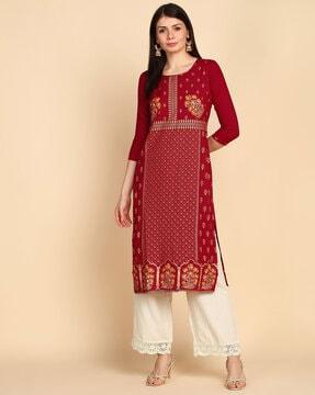 floral print round-neck straight kurti