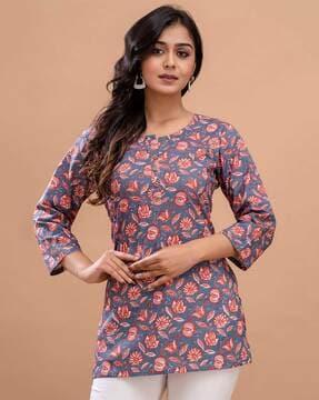 floral print round-neck straight kurti