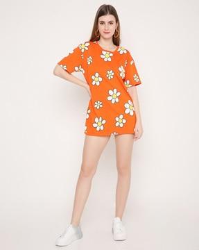 floral print round-neck t-shirt with short sleeves