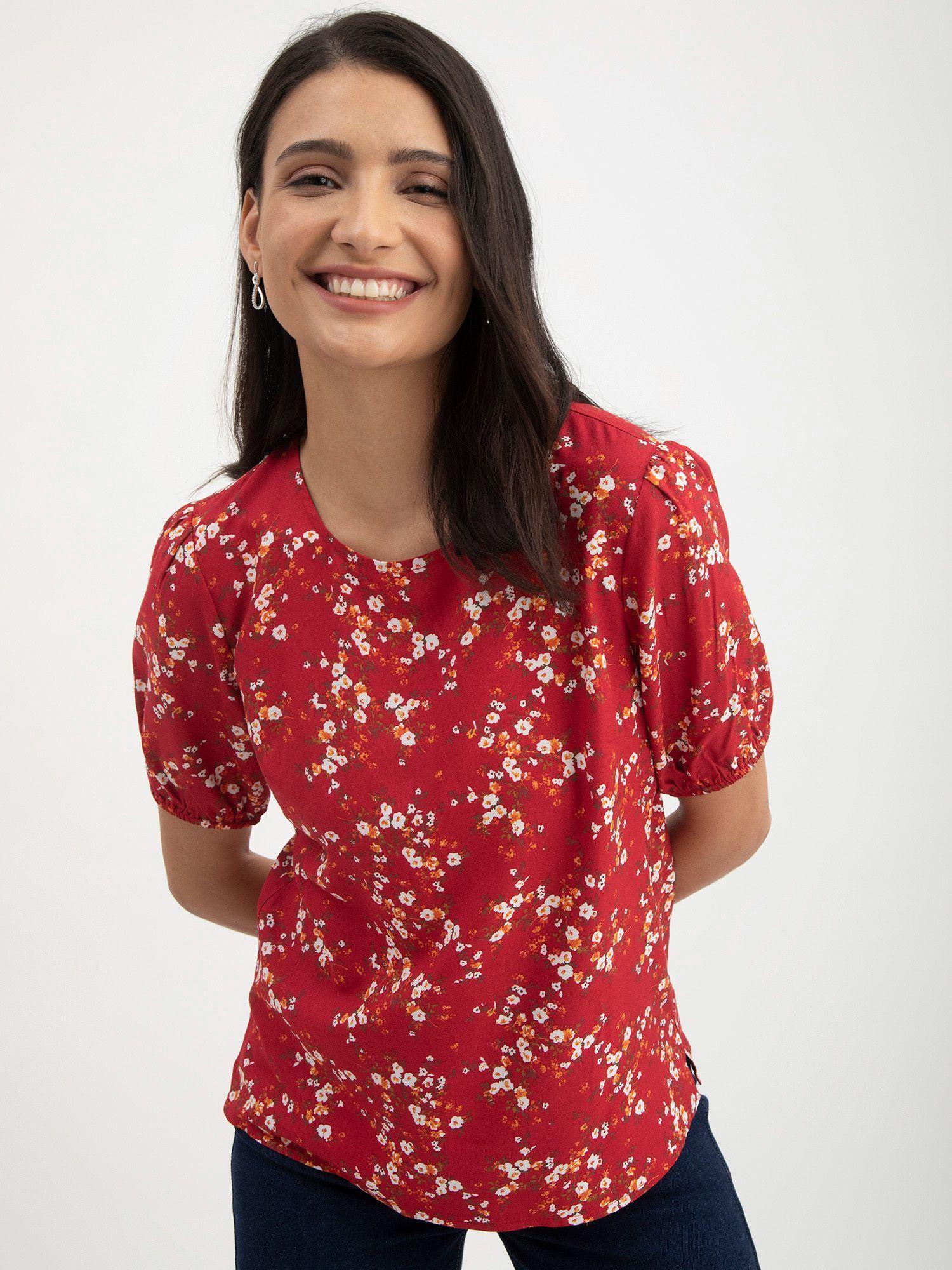 floral print round neck top - red